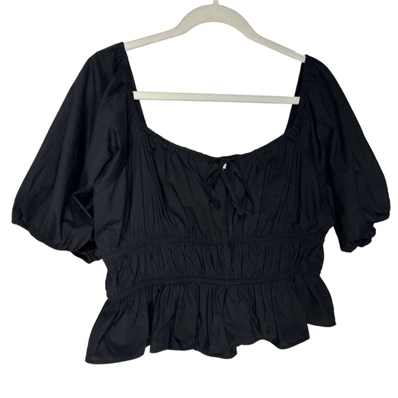 H&M Tops - HM Black Smocked Waist Peplum Crop Top Puff Sleeve Square Neck Size XL NWT